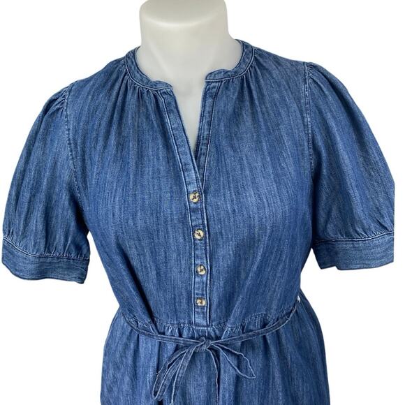 NEW M&S Marks & Spencer Blue Short Sleeve Denim Jean Chambray Midi Dress Size 14 - Picture 3 of 5